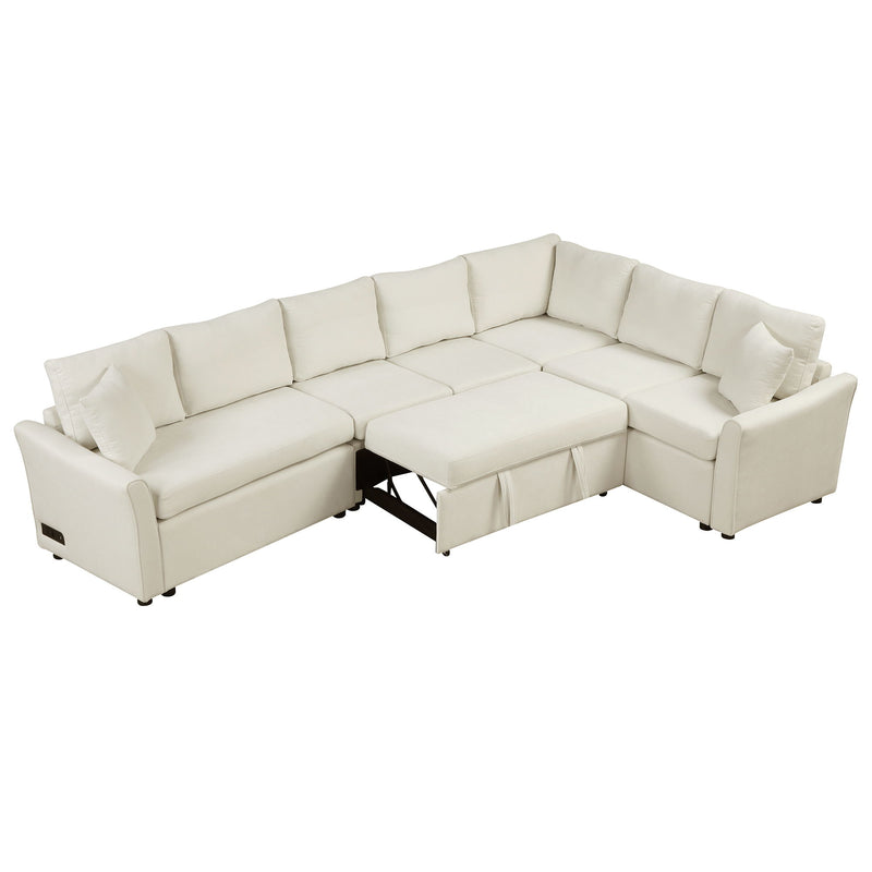 L-Shaped Sofa Convertible Sofa Bed Pull Out Sofa Sleeper With Two Back Pillows, Two USB Ports And Two Power Sockets For Living Room