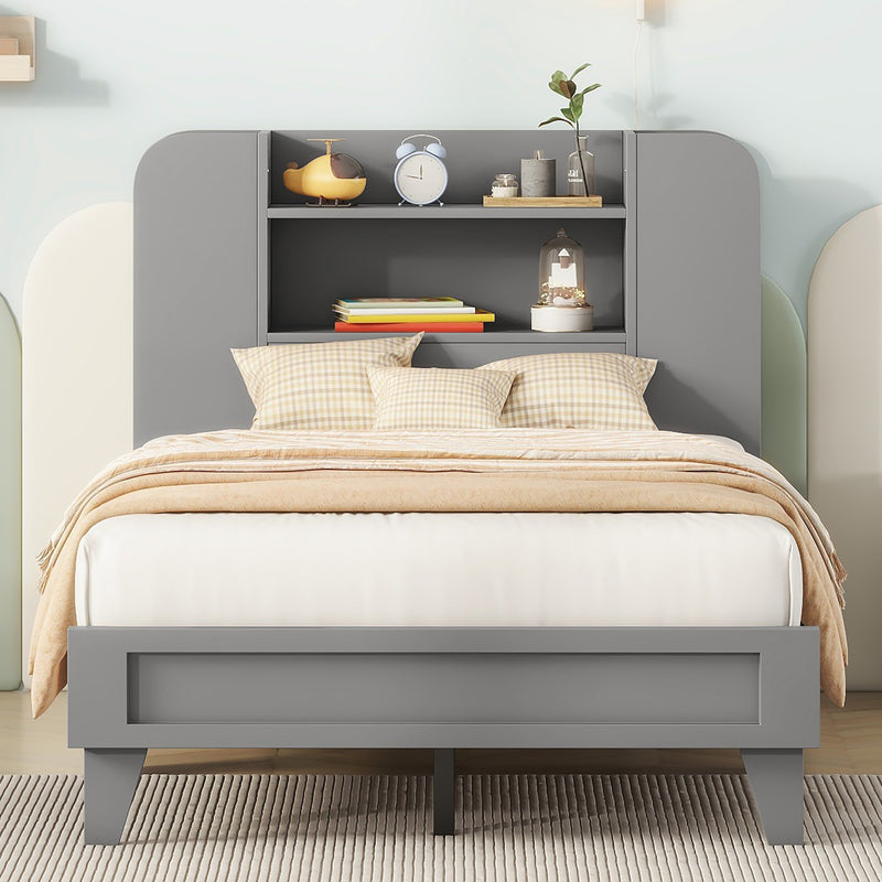 Twin Size Platform Bed with Storage Headboard,Multiple Storage Shelves on Both Sides,Grey