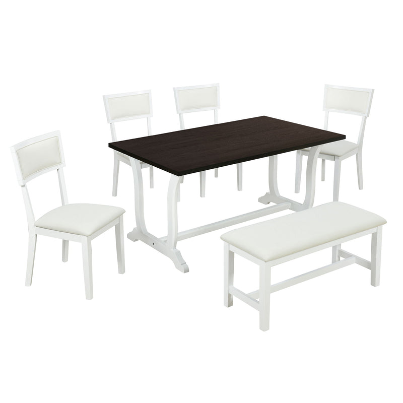 Topmax - 6 Piece Farmhouse Trestle Dining Table Set With Upholstered Dining Chairs And Bench - White