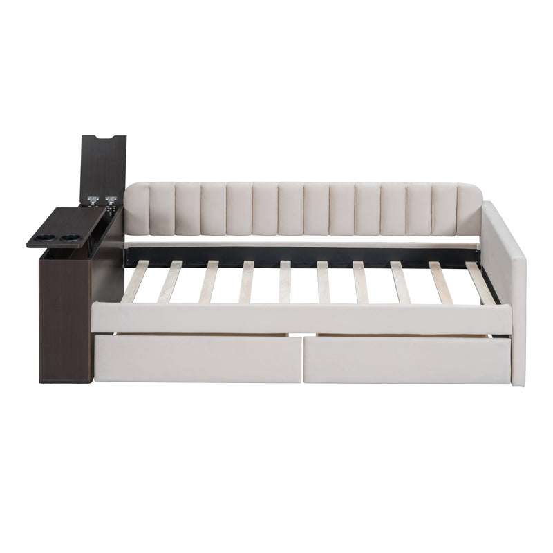 Twin Size Upholstered Daybed with Storage Armrest and 2 Drawers, Multi-functional Daybed with Cup Holder and a set of USB Ports and Sockets, Beige