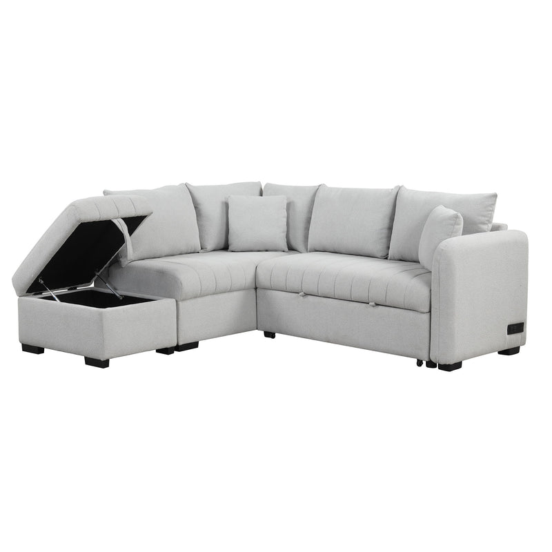 L-Shaped Sectional Pull Out Sofa Bed Sleeper Sofa With Two USB Ports, Two Power Sockets And A Movable Storage Ottoman