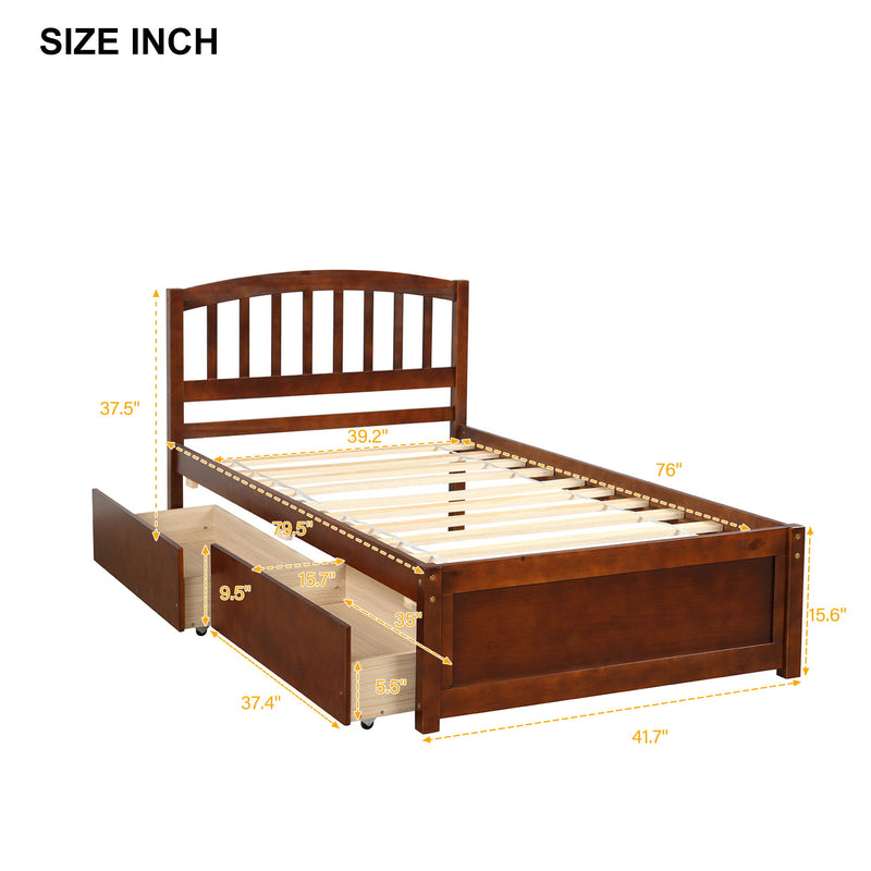 Twin Platform Storage Bed Wood Bed Frame With Two Drawers And Headboard Walnut