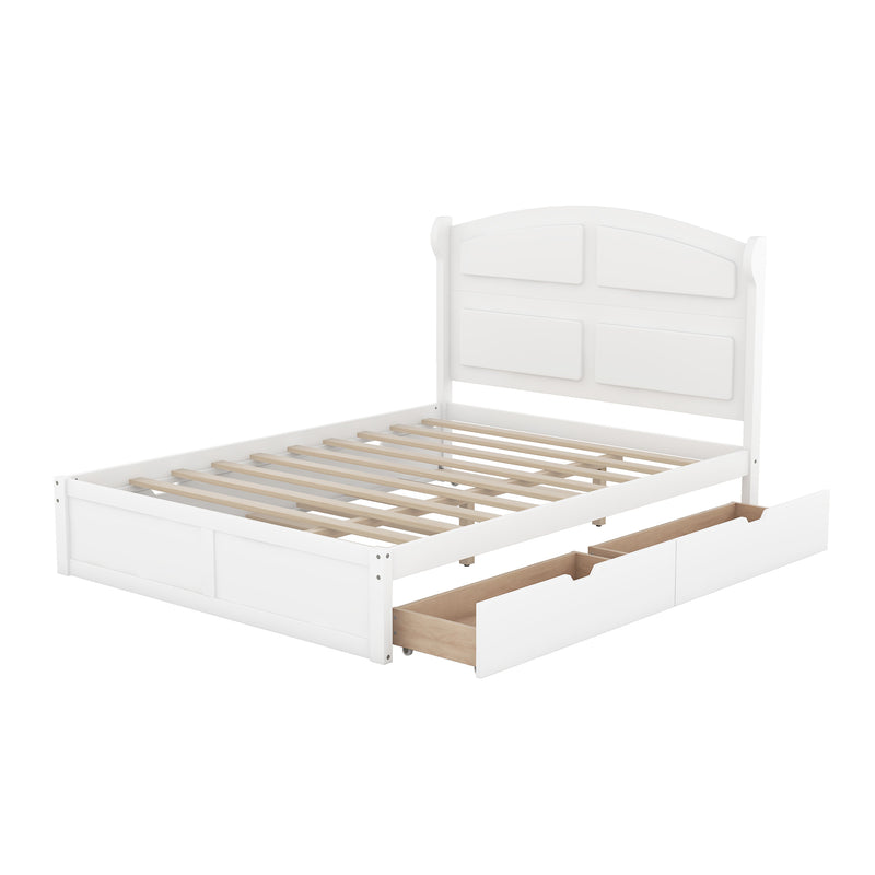 Wood Queen Size Platform Bed with Twin Size Trundle and 2 Drawers, White