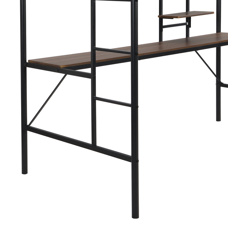 Metal Twin Loft Bed With Desk And Storage Shelves - Black