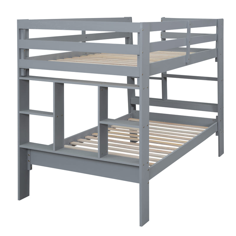 Twin over Twin Bunk Bed with Shelves and Built-in Ladder, Gray