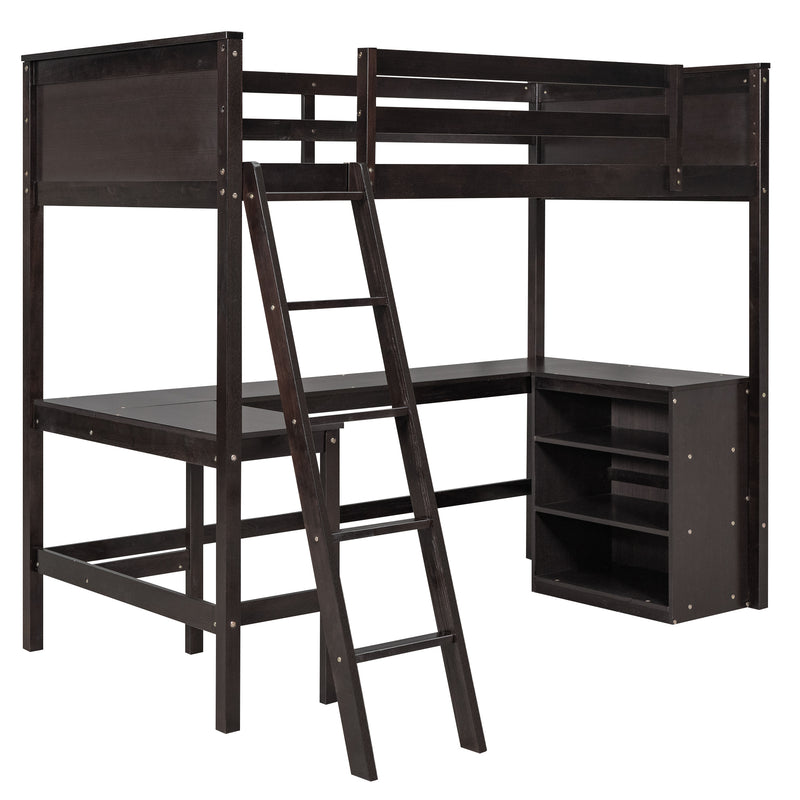 Twin size Loft Bed with Shelves and Desk, Wooden Loft Bed with Desk - Espresso(OLD SKU:LT000537AAP)