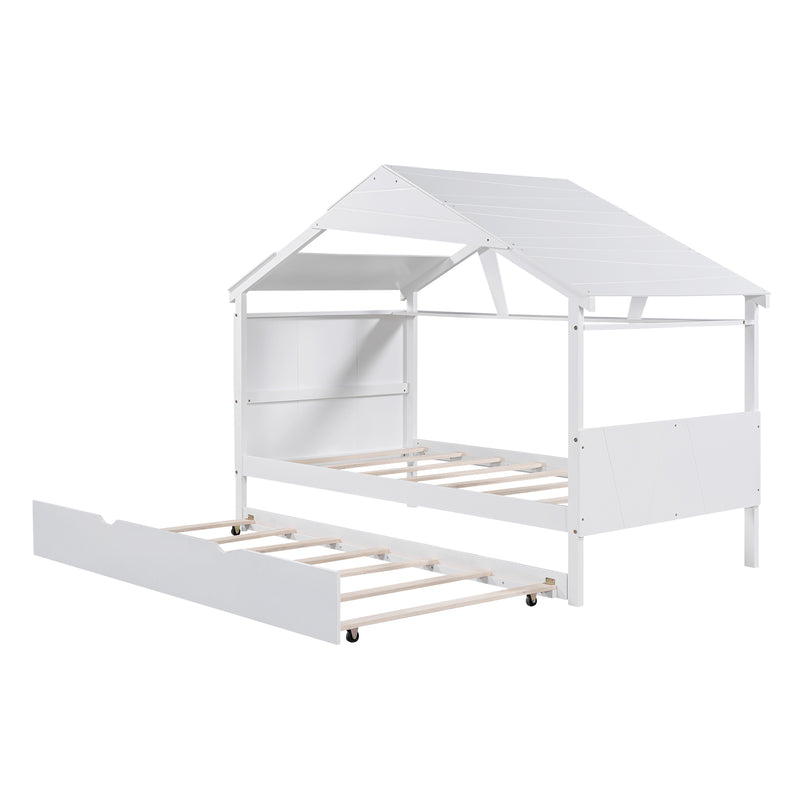 Wood Twin Size House Bed with Trundle and Storage, White