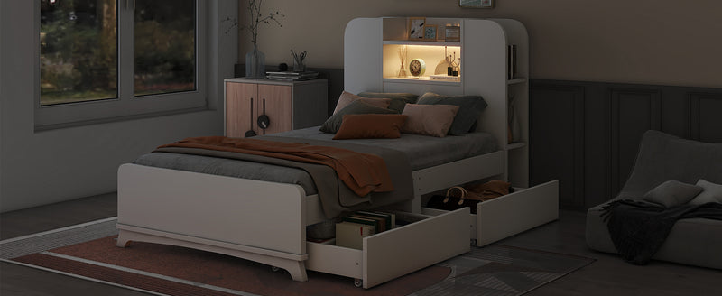 Twin Size Storage Platform Bed Frame with with Two Drawers and Light Strip Design in Headboard,White