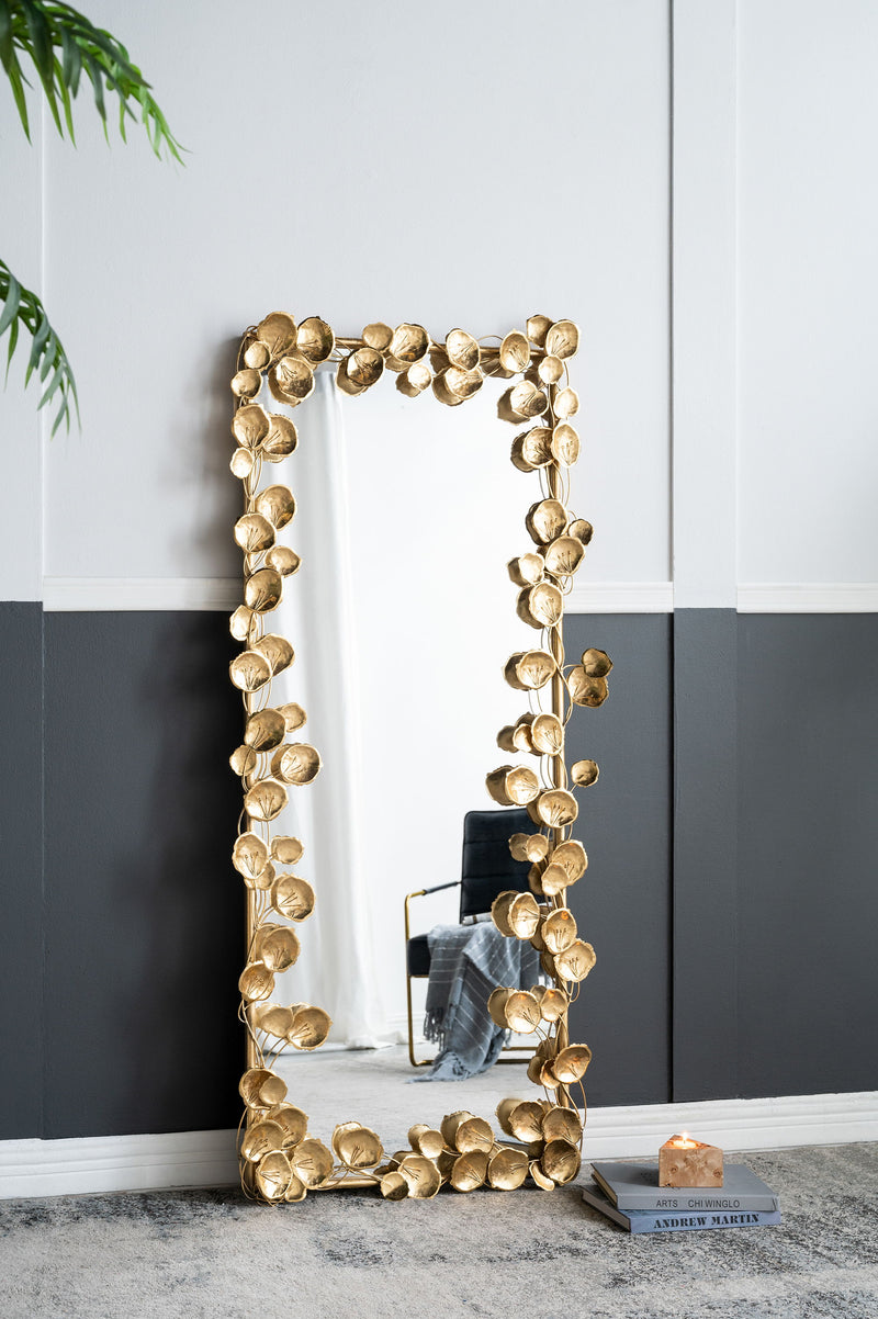 Full Length Mirror With Leaf Accents, Floor Miiror For Living Room Bedroom - Golden