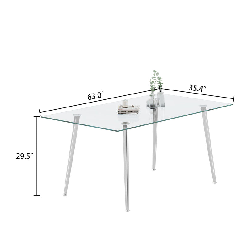 5 Piece Dining Roon Set, 0.32" Thick Tempered Glass Top 62.99" L Dining Table With Metal Legs And Four Fabric Dining Chairs