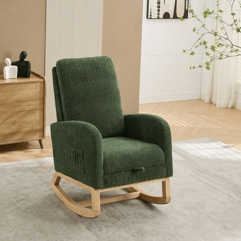 Rocking Chair For Nursery, High Back Glider Chair With Retractable Footrest, Side Pocket, Rocking Accent Armchair With Rubber Wood Legs For Living Room / Bedroom