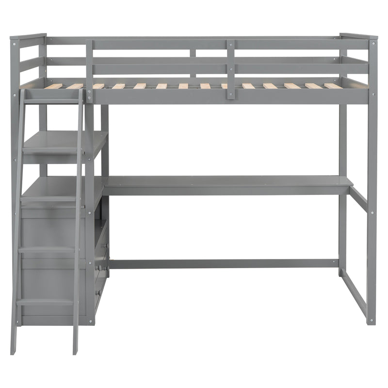 Twin Size Loft Bed with Desk and Shelves, Two Built-in Drawers, Gray(Old SKU: GX000423AAE)