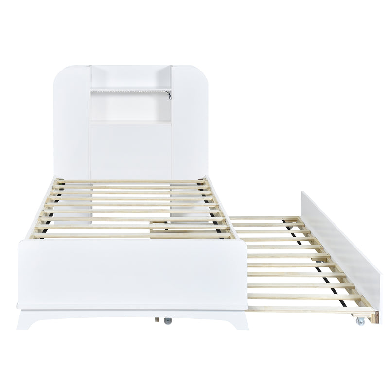 Twin Size Storage Platform Bed Frame with with Trundle and Light Strip Design in Headboard,White