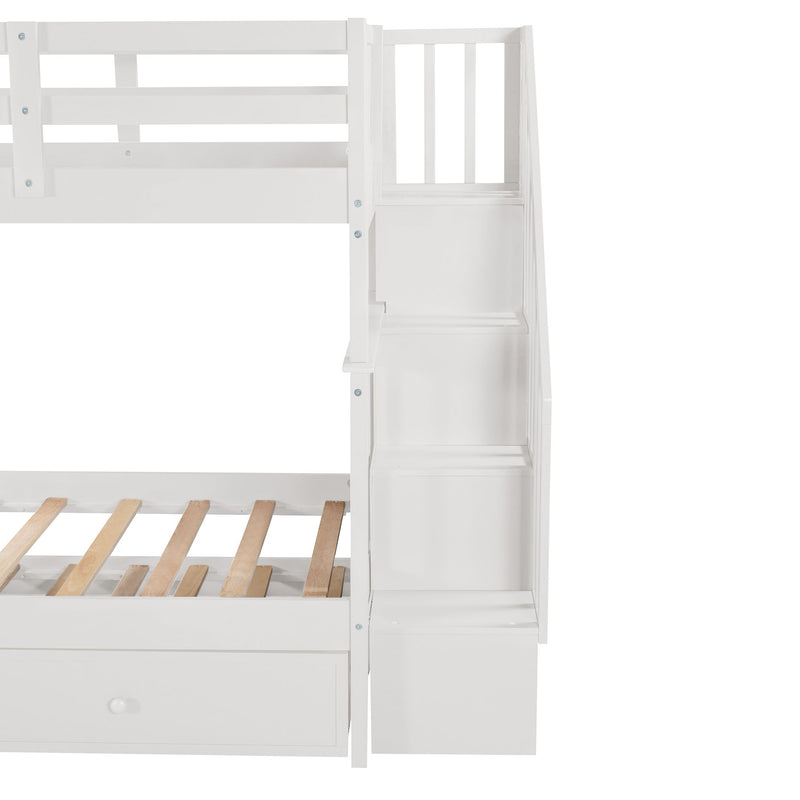 Stairway Twin Over Twin Bunk Bed With Twin Size Trundle For Bedroom, Dorm, Adults - White