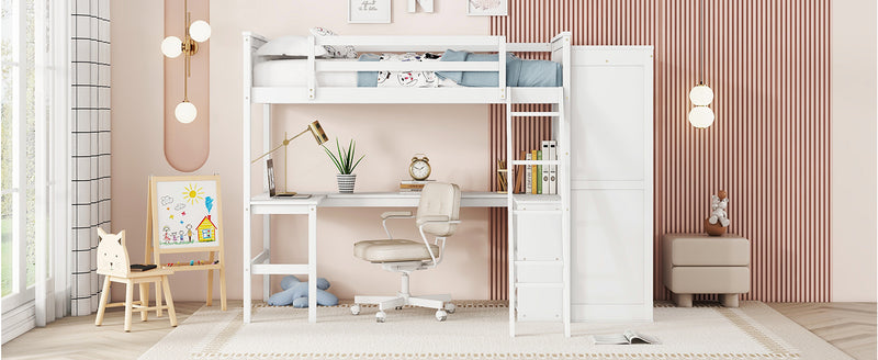 Twin size Loft Bed with Desk, Shelves and Wardrobe-White