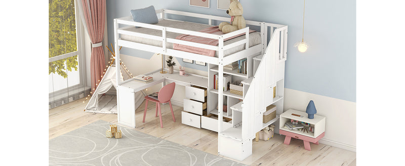 Twin Size Loft Bed with L-Shaped Desk and Drawers, Cabinet and Storage Staircase, White