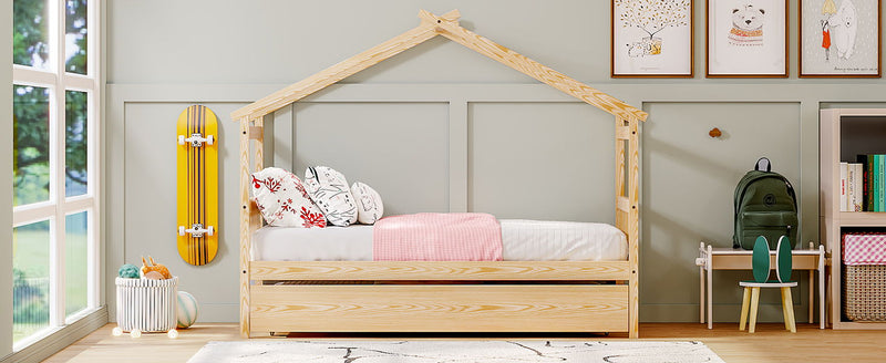 Twin Size Wooden House Bed With Twin Size Trundle - Natural