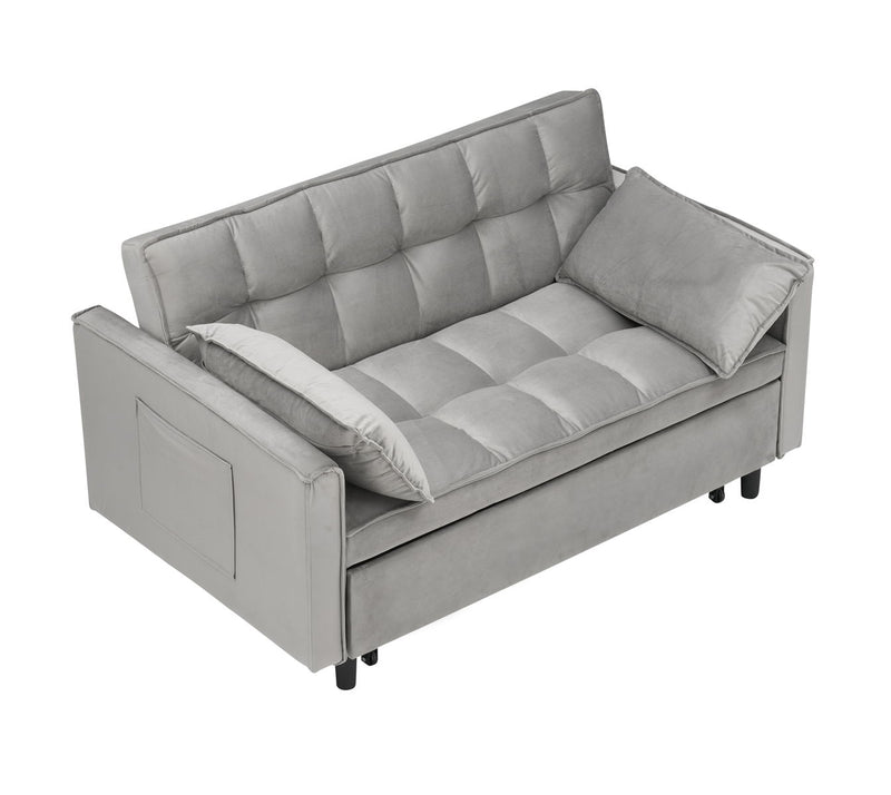 Modern Velvet Loveseat Futon Sofa Couch Pullout Bed, Small Love Seat Lounge Sofa With Reclining Backrest, Toss Pillows, Pockets, Furniture For Living Room, 3 In 1 Convertible Sleeper Sofa Bed - Gray