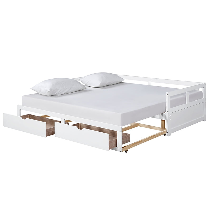 Wooden Daybed with Trundle Bed and Two Storage Drawers , Extendable Bed Daybed,Sofa Bed for Bedroom Living Room,White