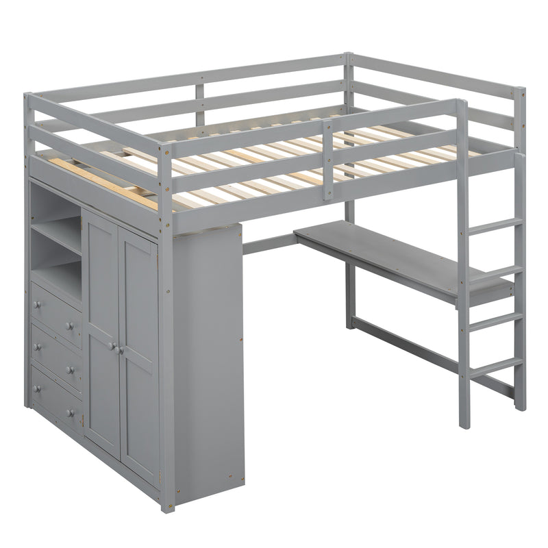 Wood Full Size Loft Bed with Built-in Wardrobe, Desk, Storage Shelves and Drawers, Gray