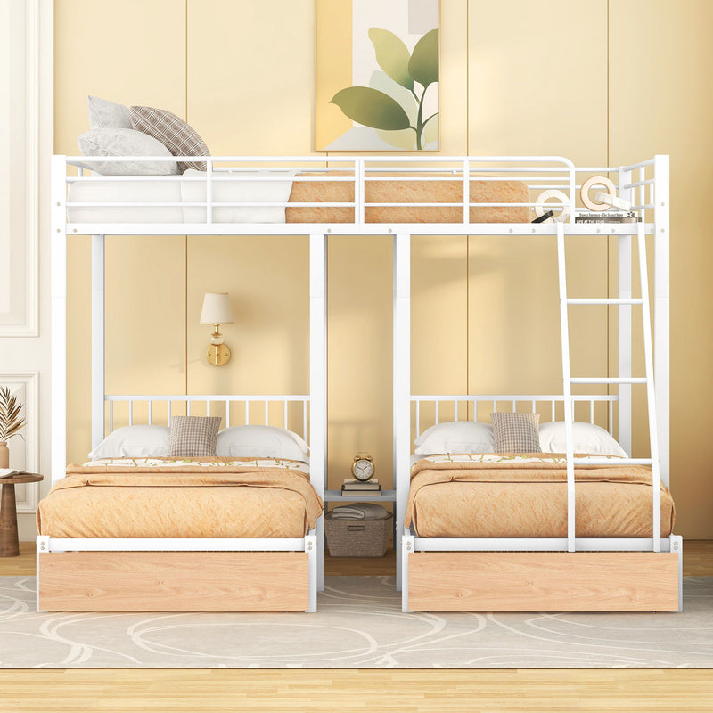Kids Furniture - Bunk Bed, Metal Triple Bunk Bed With Drawers And Guardrails
