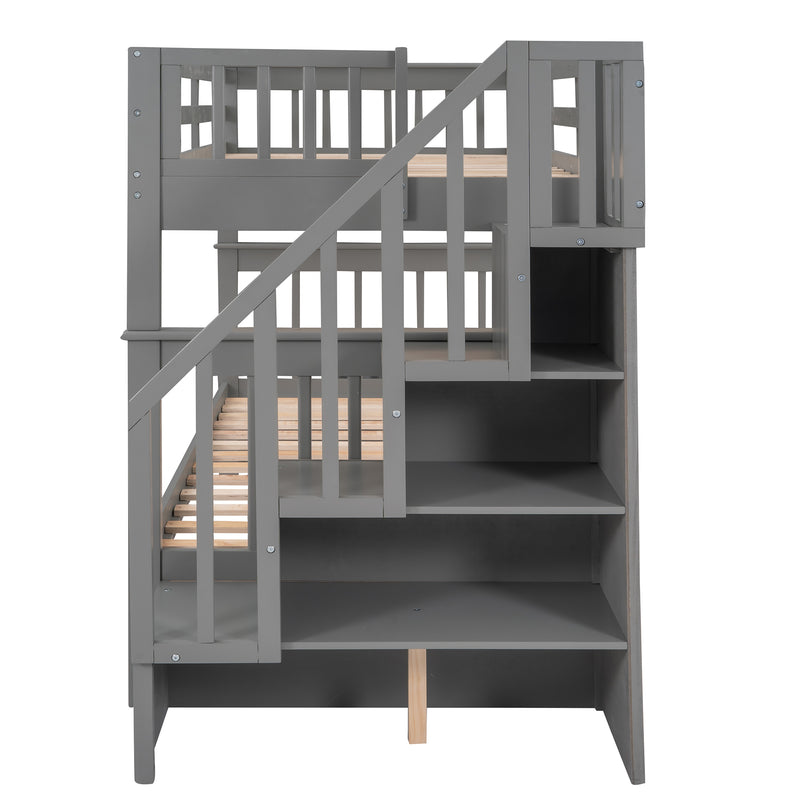 Stairway Twin-Over-Twin Bunk Bed with Three Drawers for Bedroom, Dorm - Gray(Old SKU: LP000309AAE)