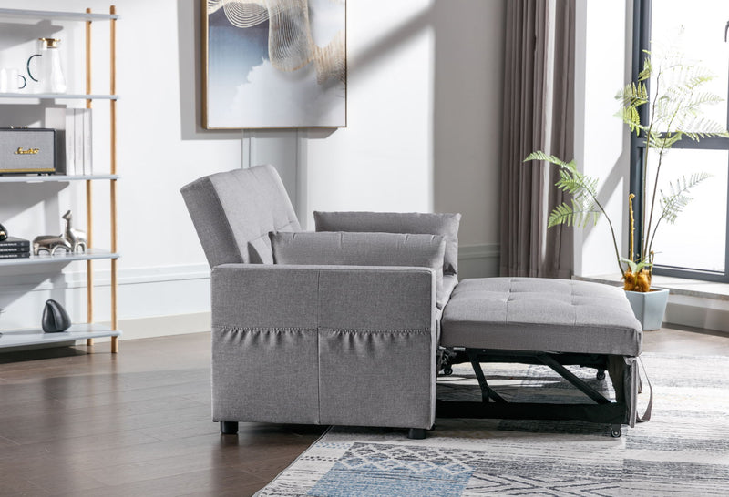 Linen Fabric 3-In-1 Convertible Sleeper Loveseat With Side Pocket - Light Gray