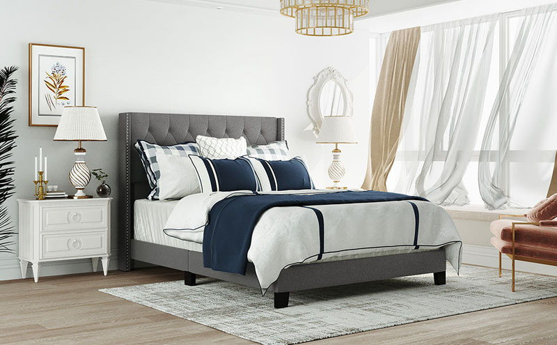 Queen Size Upholstered Platform Bed With Classic Headboard, No Box Spring Needed - Gray