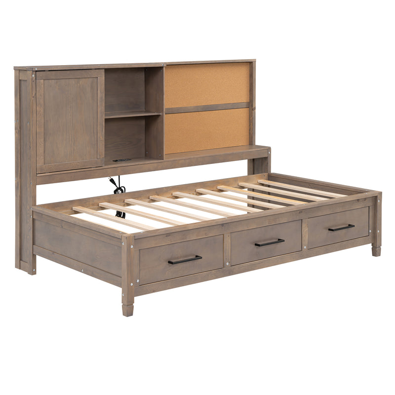 Twin Size Lounge Daybed with Storage Shelves, Cork Board, USB Ports and 3 Drawers, Antique Wood Color