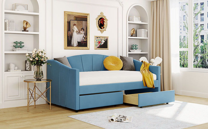 Twin Size Upholstered Daybed With Two Drawers And Wood Slat - Blue