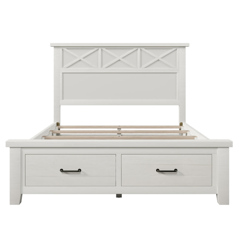 Rustic Farmhouse Style Whitewash Queen Storage Panel Bed with Two Drawers, White(old sku:BS301592AAK)