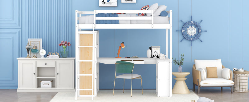 Twin Size Loft Bed with Ladder, Shelves, and Desk, White(OLD SKU:LT000225AAK)