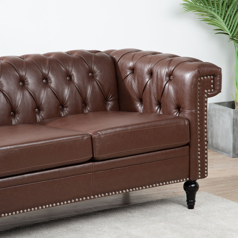 83.66" Width Traditional Square Arm Removable Cushion 3 Seater Sofa - Dark Brown