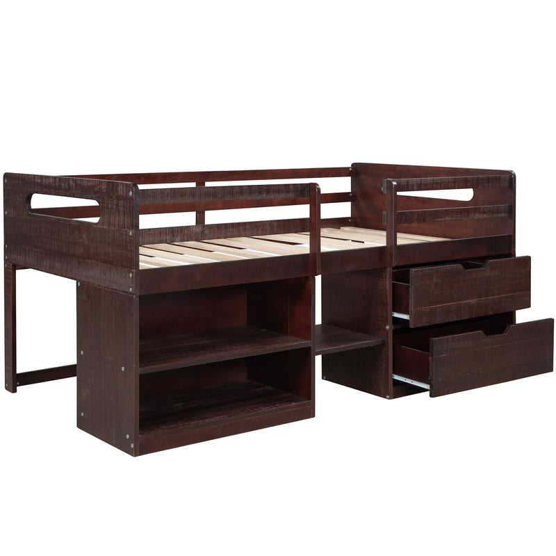 Twin Size Loft Bed With Two Shelves And Two Drawers