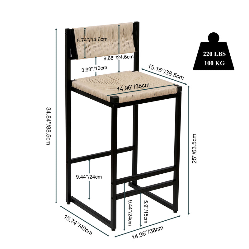 Bar Stools Paper Rope Weave Dining Chairs With Back Hand Weave Stools For Kichen Island, Bar & Counter (Set of 2)