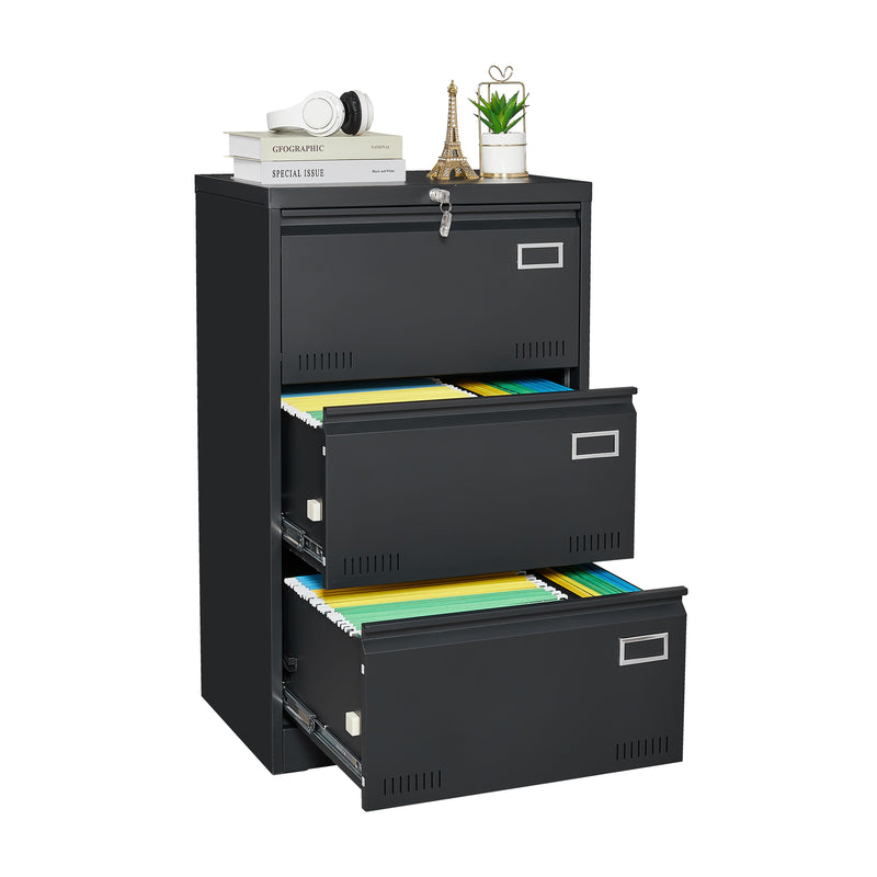 Filing Cabinet Lateral File Cabinet 3 Drawer, Blcak Locking Metal File Cabinets Three Drawer, Office Filing Cabinet With Lock Drawers For Home Office - Black