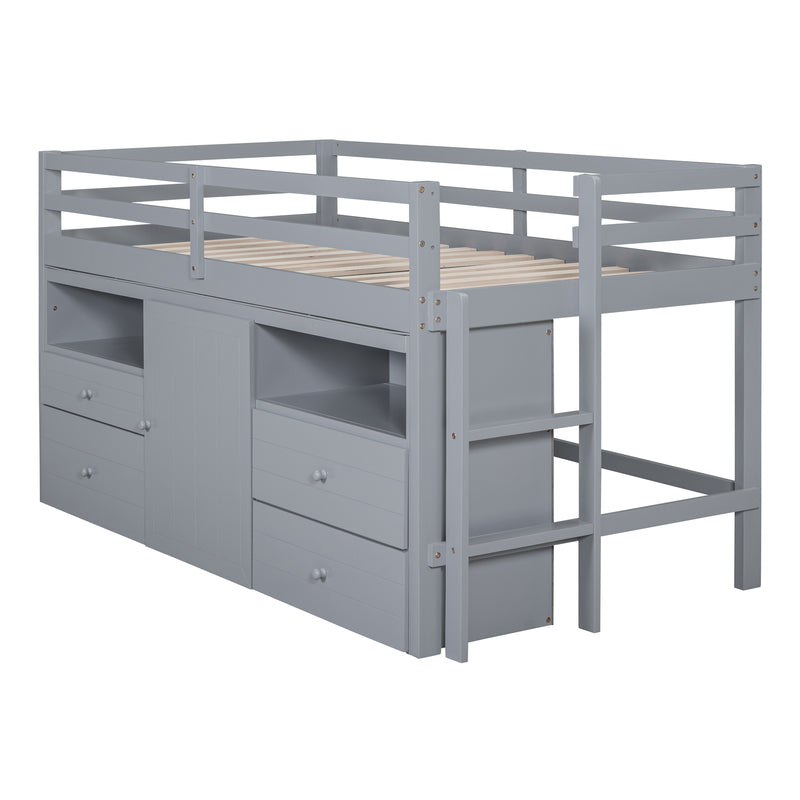 Twin Size Loft Bed with 4 Drawers, Underneath Cabinet and Shelves, Gray