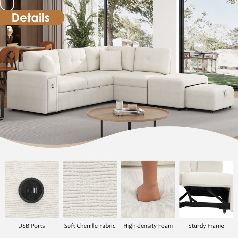 Sectional Sofa L-Shaped Sofa Couch Pull-Out Sofa Bed With A Movable Ottoman, Two USB Ports And Two Cup Holders For Living Room