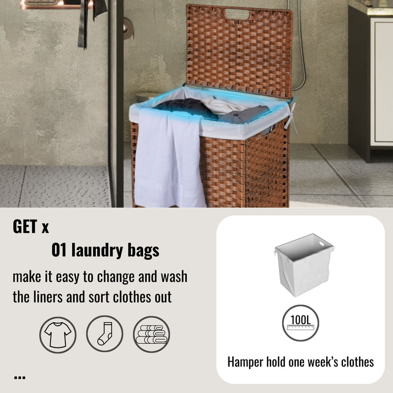 Laundry Hamper With Lid PE Rattan Powder Coating Frame Clothes Hampers With 2 Removable Bags