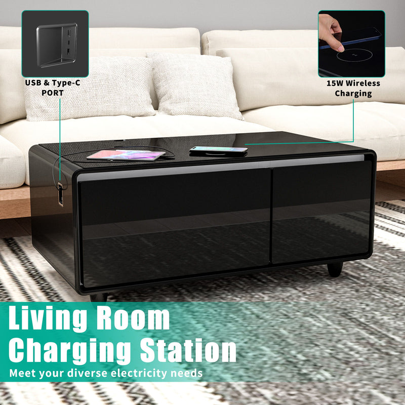 Modern Smart Coffee Table With Built-In Fridge - Bluetooth Speaker, Wireless Charging, Touch Control Panel, USB Interface, Outlet Protection, Atmosphere Light - Black