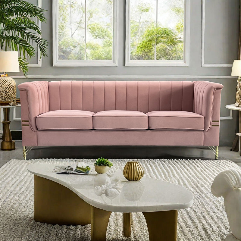 FX-P82-PK(SOFA) Modern Designs Velvet Upholstered Living Room Sofa, 3 Seat Sofa Couch With Golden Metal Legs For Home, Apartment Or Office - Pink