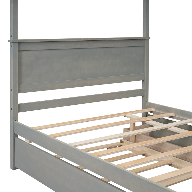 Wood Canopy Bed with Trundle Bed and two Drawers ,Full Size Canopy Platform bed With Support Slats .No Box Spring Needed, Brushed Gray