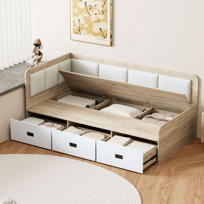 Twin Size Daybed With Three Drawers And Three Storage Compartments - Nature / Beige