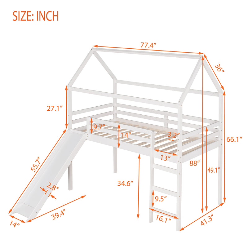 Twin Loft Bed with Slide, House Bed with Slide,White(OLD SKU :WF286245AAK)