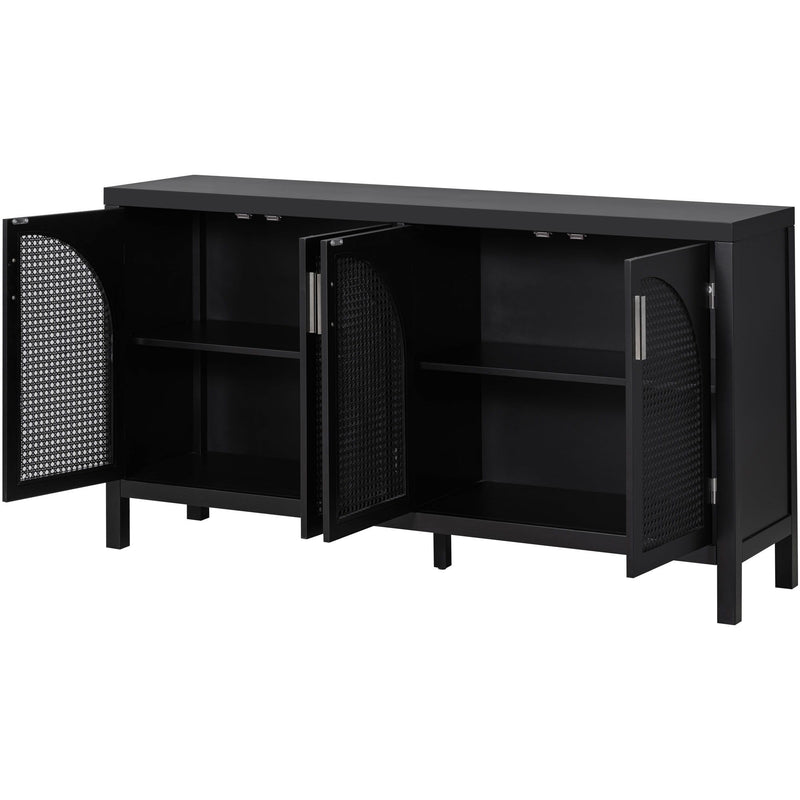 Large Storage Space Sideboard With Artificial Rattan Door And Metal Handles For Living Room And Entryway - Black