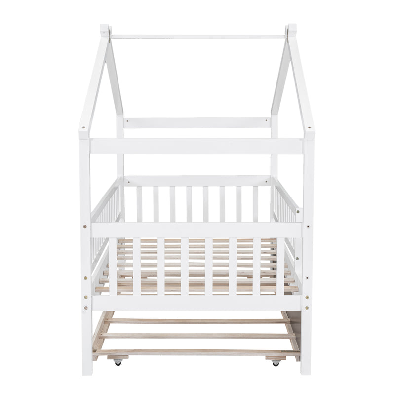 Twin Size Wooden House Bed with Twin Size Trundle, White