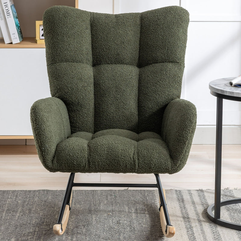 30.3" Rocking Chair With Pocket, Soft Teddy Fabric Rocking Chair For Nursery, Comfy Wingback Glider Rocker With Safe Solid Wood Base For Living Room Bedroom Balcony - Dark Green