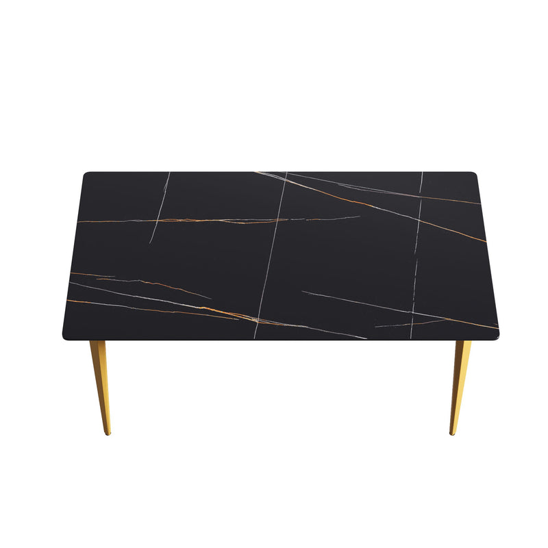 63" Modern Artificial Stone Black Straight Edge Golden Metal Leg Dining Table - Black / Gold