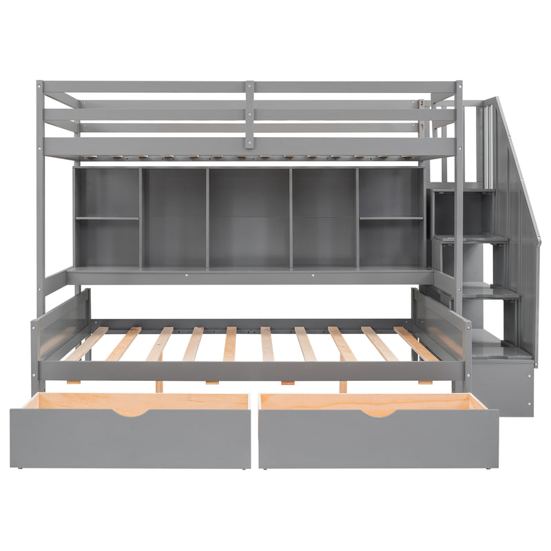 Twin XL over Full Bunk Bed with Built-in Storage Shelves, Drawers and Staircase,Gray