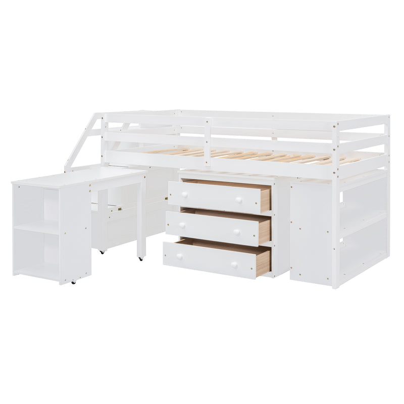 Twin Size Loft Bed with Retractable Writing Desk and 3 Drawers, Wooden Loft Bed with Storage Stairs and Shelves, White